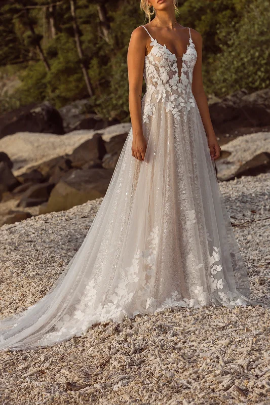 Deal Explosion comfy maxi dressA Line V Neck Lace Appliques Boho Wedding Dress with Sweep Train QW2654 Deal Explosion comfy maxi dressA Line V Neck Lace Appliques Boho Wedding Dress with Sweep Train QW2654