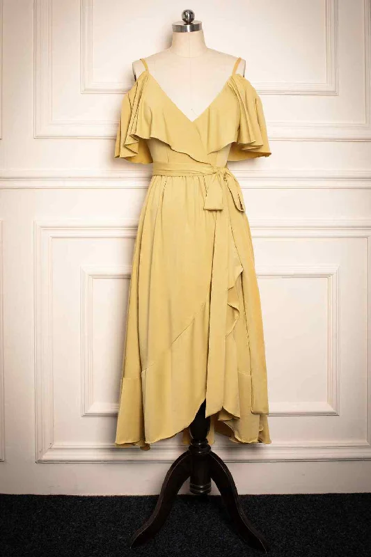 Today’s Special sleeveless dressYellow V Neck Flaunt Sleeves Faux-Wrap Chiffon Knee Length Bridesmaid Dress Today’s Special sleeveless dressYellow V Neck Flaunt Sleeves Faux-Wrap Chiffon Knee Length Bridesmaid Dress