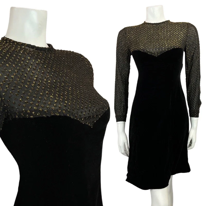 Fantastic Deals VINTAGE 60s 70s BLACK GOLD POLKA-DOT SHEER VELVET PARTY SHORT DRESS 8