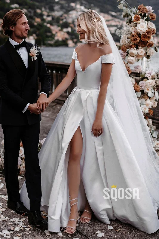 Online Only ruched dressOff Shoulder Modest White Satin Rustic Wedding Dress with Slit QW0901