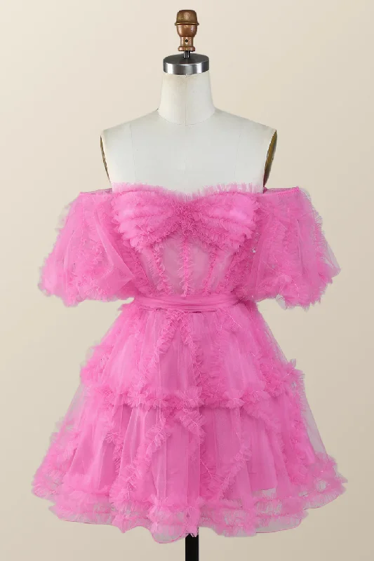 Low Prices ruched dressOff the Shoulder Hot Pink Ruffles Short A-line Homecoming Dress Y2783 Low Prices ruched dressOff the Shoulder Hot Pink Ruffles Short A-line Homecoming Dress Y2783