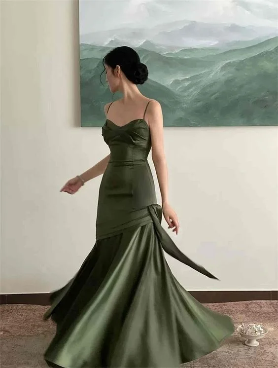 Online Only floral dressGreen Spaghetti Straps Satin Mermaid Prom Dress Y4106