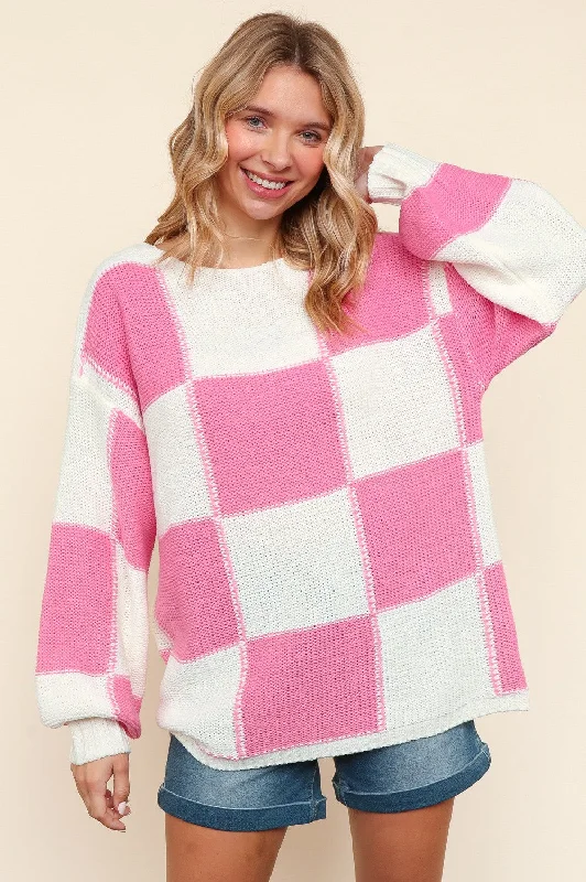 Deal Dash chic coatPLUS PINK CHECKER PATTERN PULLOVER SWEATER KNIT TOP