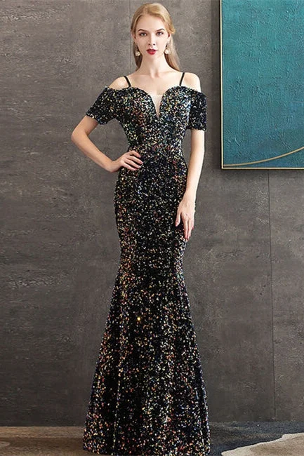 Markdowns fitted cocktail dressMermaid Black Colorful Sequined Evening Dress