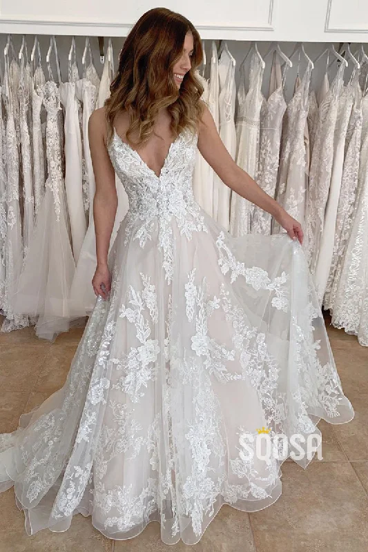 Year-End Clearance elegant dressA-line V-neck Tulle Appliques Rustic Wedding Dress QW2698