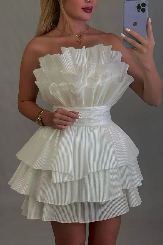 Hot Deal satin midi dressA line Strapless Tiered Short Homecoming Dress Party Gown QH2478