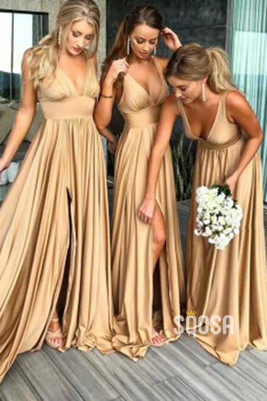 Crazy Deals trendy dressPlunging V-neck Side Slit A-line Long Bridesmaid Dresses QB2121