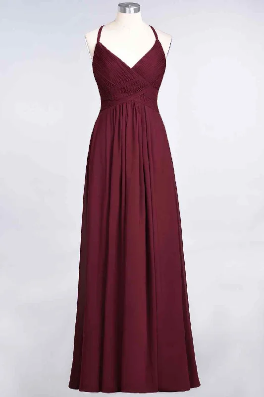 Blowout Sale lace dressBurgundy A-line V Neck Pleated Crossed Back Chiffon Long Bridesmaid Dress