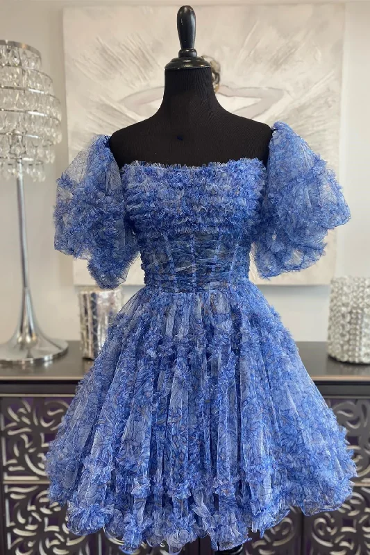 Deal Frenzy chic wrap dressBlue Puff Sleeves Ruffles A-line Prints Homecoming Dress Y2714