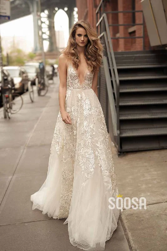 Deal Explosion casual slip dressA Line Deeo V neck Lace Appliques Boho Wedding Dress QW2470