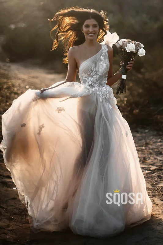 Great Deals casual dressAttractive One Shoulder Tulle Appliques A-line Rustic Wedding Dress Bridal Gowns QW0875