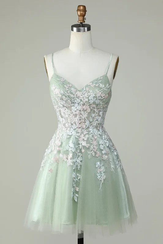 Best Bargains sleeveless dressDusty Sage Spaghetti Straps Homecoming Dress With Criss Cross Back Y2925