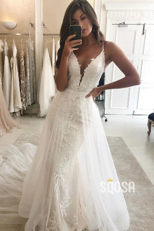 Markdowns mini dressPlunging V-neck Spaghetti Straps Lace Wedding Dress Bridal Gown QW2559