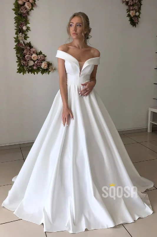 Closeout party dressA-line Chic Off-the-Shoulder Ivory Satin Simple Wedding Dress Bridal Gown QW2151 Closeout party dressA-line Chic Off-the-Shoulder Ivory Satin Simple Wedding Dress Bridal Gown QW2151