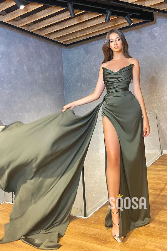 Huge Discounts pleated dressSheath/Column Pleats Strapless Satin High Slit Long Prom Evening Dress QP2512 Huge Discounts pleated dressSheath/Column Pleats Strapless Satin High Slit Long Prom Evening Dress QP2512