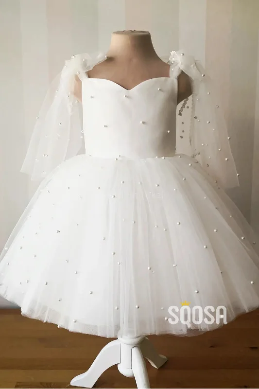 Reduced Prices casual slip dressBall Gown Spaghetti Straps Pearls Cute Ivory Flower Girl Dress First Communion Dress QF1010