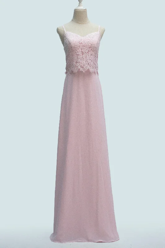 Price Rollback statement dressCandy Pink A-line Spaghetti Strap Chiffon lace Long Bridesmaid Dress