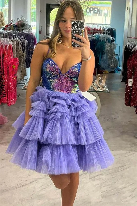 Fantastic Offers sleeveless dressLavender Sequin V-Neck Homecoming Dresses, Tiered Short Prom Dress