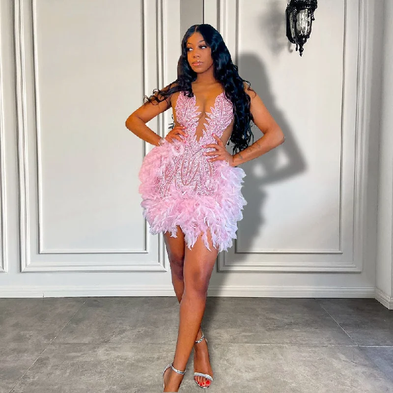 Friends and Family Sale raincoatLuxury Sheer Neckline Women Cocktail Dress Pink Feather Black Girl Short Prom Dresses 2023 For Birthday Party Friends and Family Sale raincoatLuxury Sheer Neckline Women Cocktail Dress Pink Feather Black Girl Short Prom Dresses 2023 For Birthday Party