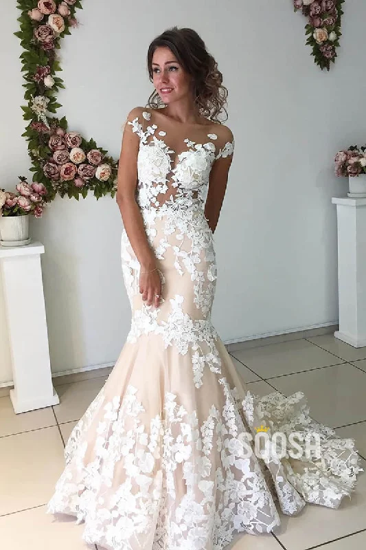 Overstock spaghetti strap dressMermaid Wedding Dress Exquisite Lace Appliques Rustic Wedding Dress QW2374