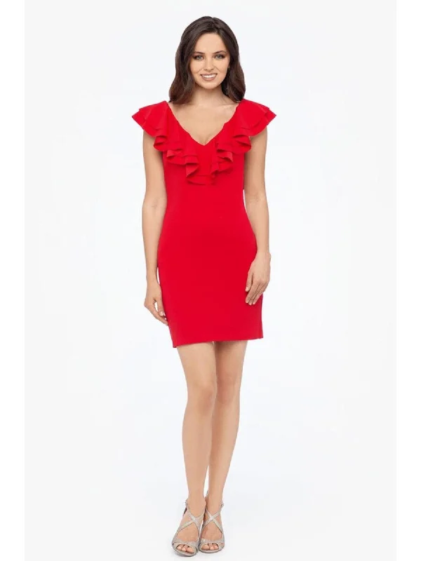 Hurry In BLONDIE NITES Womens Red Ruffled Zippered Flutter Sleeve V Neck Short Party Sheath Dress
