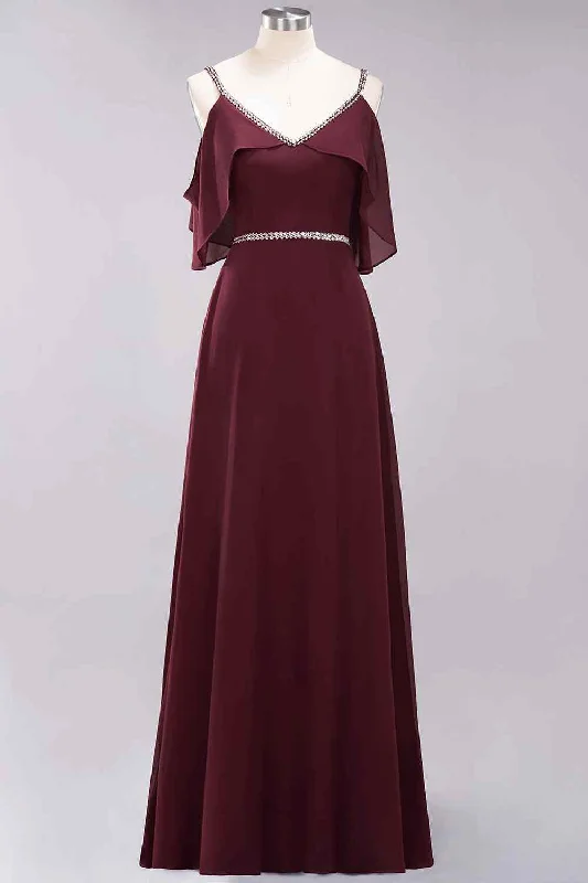 Must-Have Deals bohemian dressBurgundy A-line V Neck Off-the-Shoulder Beading Chiffon Long Bridesmaid Dress