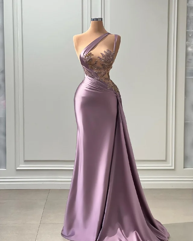 Best Deals casual knit dressOne shoulder Illusion Beaded Sweep Train Purple Long Prom Evening Dress QP3135