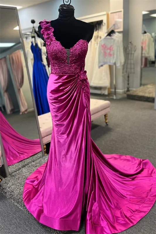 Limited Stock silk dressFuchsia Floral One Shoulder Appliques Mermaid Long Prom Dress with Slit Limited Stock silk dressFuchsia Floral One Shoulder Appliques Mermaid Long Prom Dress with Slit