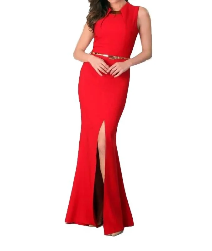 Daily Deals knit dressCutout Neckline Front-Slit Gown Dress In Red
