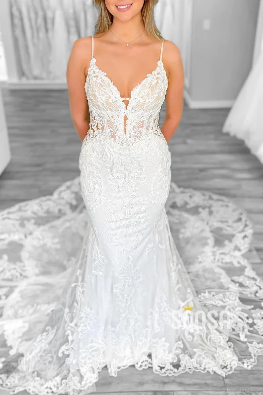 Mega Deal lace-up dressTrumpet V-Neck Spaghetti Straps Lace Applique With Train Wedding Dress QW8161