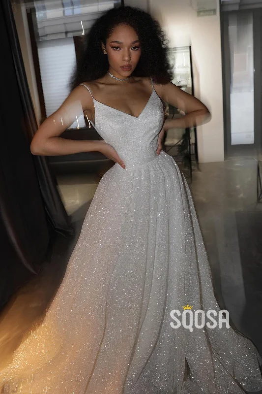 Daily Deals lace dressSpaghetti Straps V-Neck Sparkly Bohemian Wedding Dress Bridal Gown QW2437
