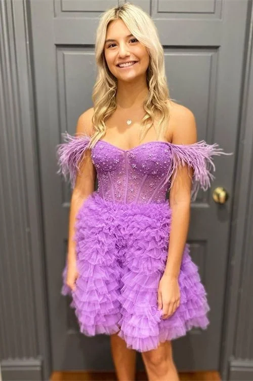 Hurry In party dressA Line Off the Shoulder Light Purple Short Homecoming Dress with Feather