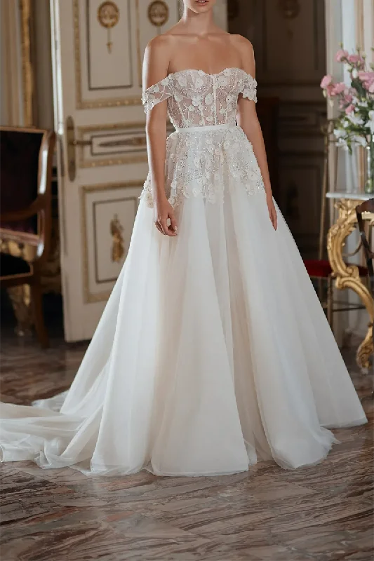 Discount Deals midi dressA Line Sweetheart Appliques Rustic Wedding Dress with Court Train QW2284