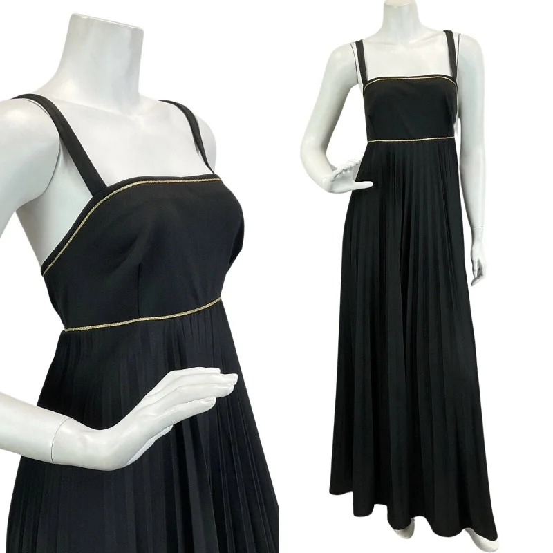 Year-End Sale VINTAGE 60s 70s BLACK GOLD CROSS BACK PLEATED DISCO BOHO FOLK  MAXI DRESS  10 12