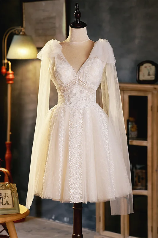 Huge Savings trendy dressIvory Empire Lace Bow Tie Shoulder Homecoming Dress
