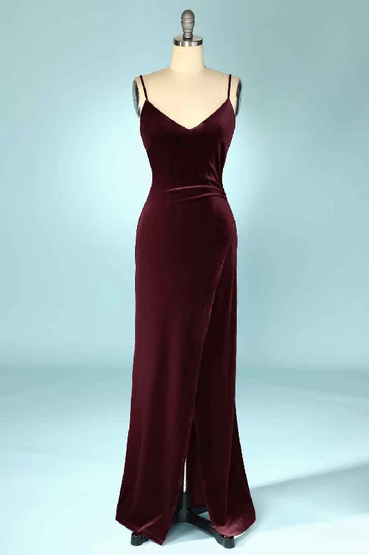 Special Promotion silk dressCabernet Mermaid V Neck Velvet Long Bridesmaid Dress with Slit
