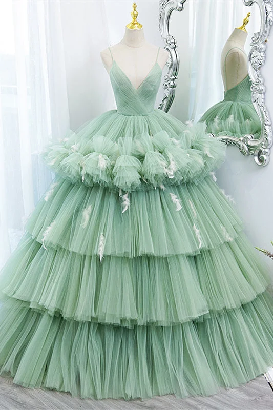 Weekend Flash Sale ruffle dressMint Green Deep V Neck Pleated Straps Ruffle-Layers Maxi Formal Dress