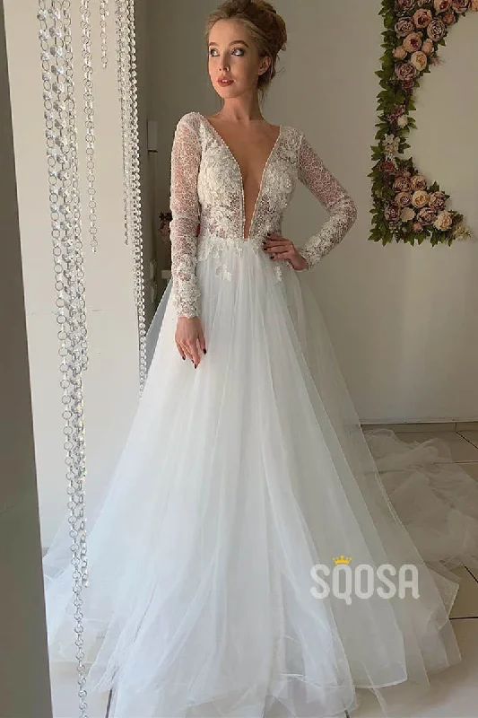 Great Deals mini dressA-line Attractive V-neck Lace Long Sleeves Wedding Dress with Court Train QW2141