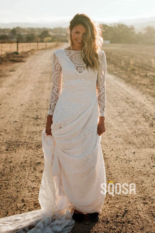 Midnight Sale office dressIvory Exquisite Lace Long Sleeves Bohemian Wedding Dress Backless QW2486 Midnight Sale office dressIvory Exquisite Lace Long Sleeves Bohemian Wedding Dress Backless QW2486