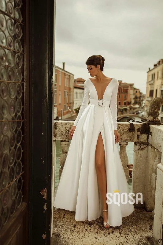 Factory Direct Sale midi dressA Line Illusion Deep V neck Long Sleeves Elegant Satin Wedding Dress with Slit QW2401