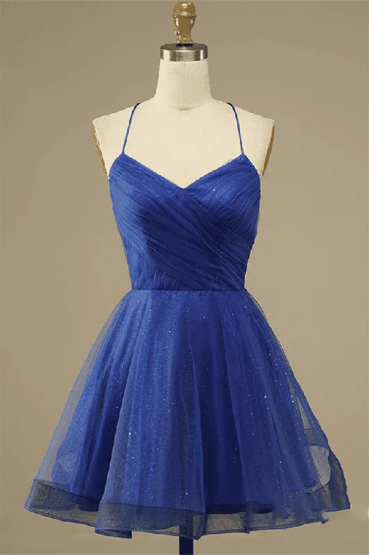 Clearance Sale tiered dressRoyal Blue A-line Lace-Up Back Surplice Tulle Mini Homecoming Dress