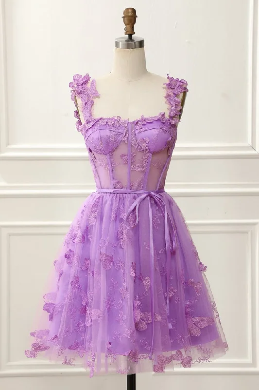Deep Discounts cocktail dressLilac A-line Appliques Spaghetti Strap Tulle Homecoming Dress