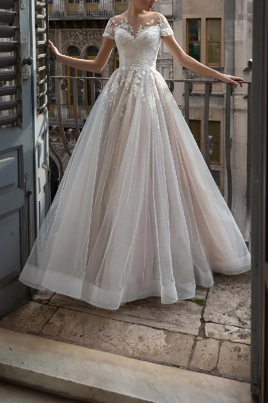 Major Savings long-sleeve floral dressA Line Illusion Neckline Short Sleeves Lace Appliques Rustic Wedding Dress QW2644