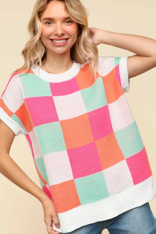 The Best Prices padded coatPLUS DOLMAN SHORT SLEEVE CHECKER SWEATER KNIT TOP