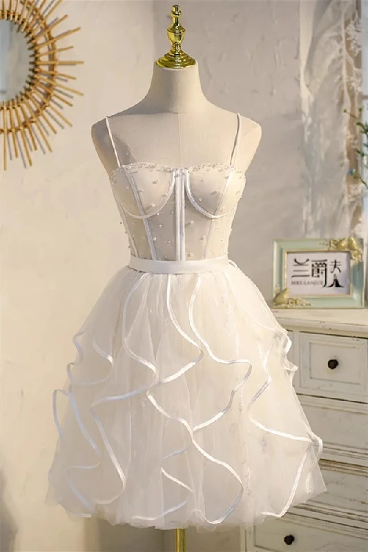 Overstock long sleeve dressChampagne Spaghetti Straps Beading Tulle Princess Homecoming Dresses