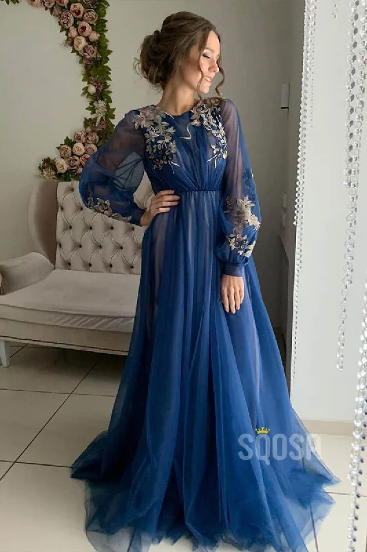 Daily Deals modern dressA-Line Illusion Long Sleeves Tulle Appliques Elegant Long Formal Evening Gowns QP1287