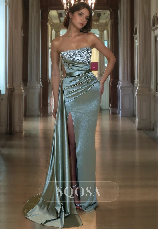 Online Only party dressSweetheart Beaded Sleeveless Pleated Long Mermaid Formal Prom Dress with High Slit
