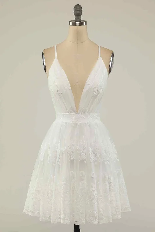 Fantastic Offers wool dressA-line Deep V Neck Crossed Back Embroidery Mini Homecoming Dress