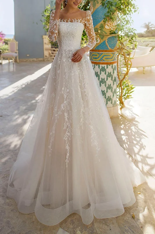 Markdowns sleek midi dressA line Illusion Neckline Long Sleeves Lace Wedding Dres with Sweep Train QW2283 Markdowns sleek midi dressA line Illusion Neckline Long Sleeves Lace Wedding Dres with Sweep Train QW2283