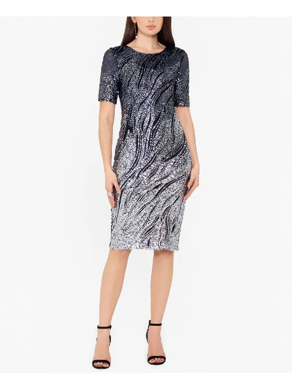 Best Bargains BETSY & ADAM Womens Navy Sequined Zippered Ombre Short Sleeve Crew Neck Knee Length Evening Sheath Dress